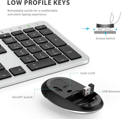 iClever Wireless Keyboard and Mouse GK08- Rechargeable Wireless Keyboard Ergonomic Full Size Design with Number Pad, 2.4G Stable Connection Slim White Keyboard and Mouse for Windows, Mac OS Computer