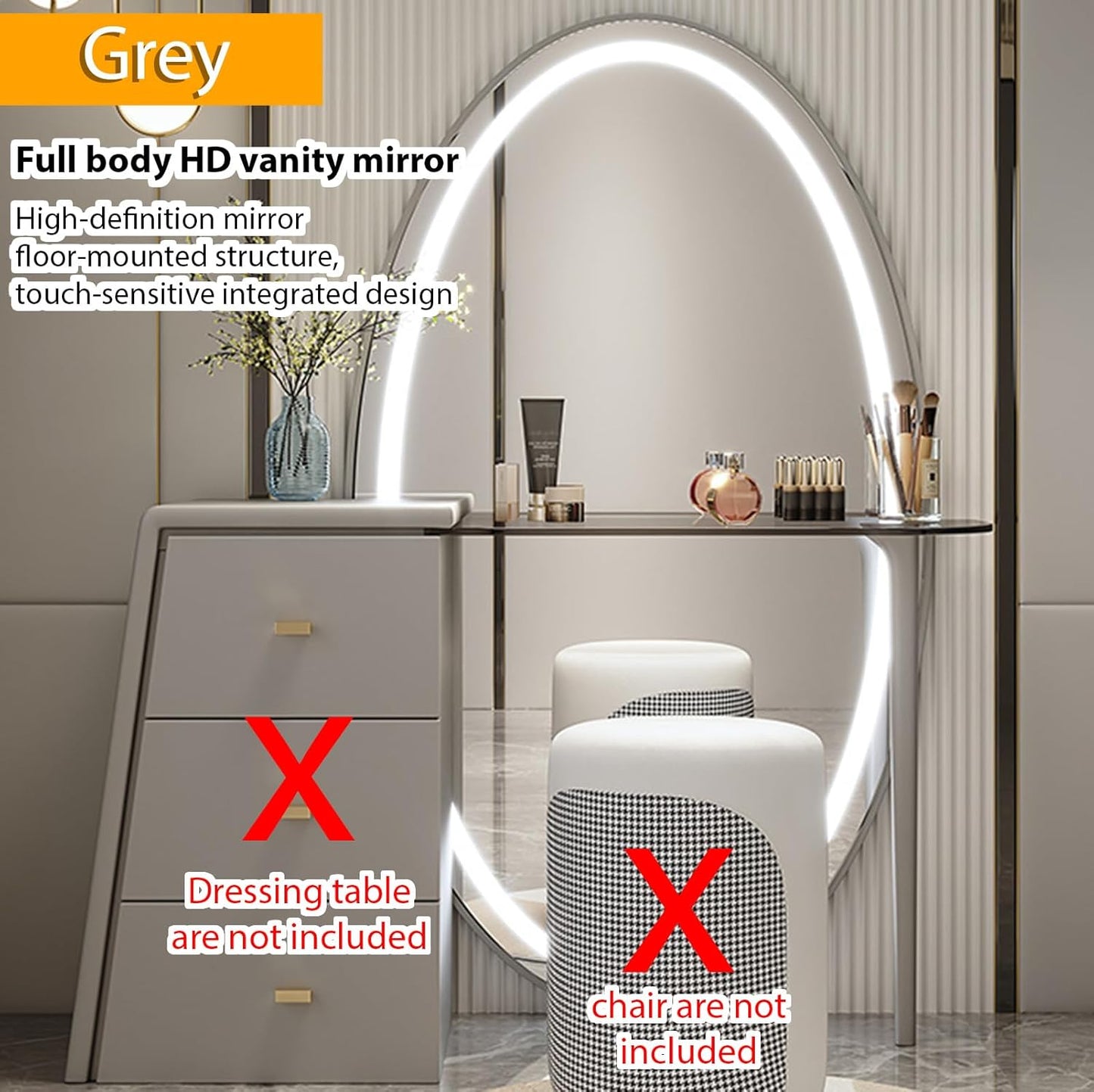 Generic Dressing table with 3 drawers, makeup mirror with LED lighting, Integrated floor-to-ceiling mirror-Grey-120 * 40cm【Dressing table + benches】