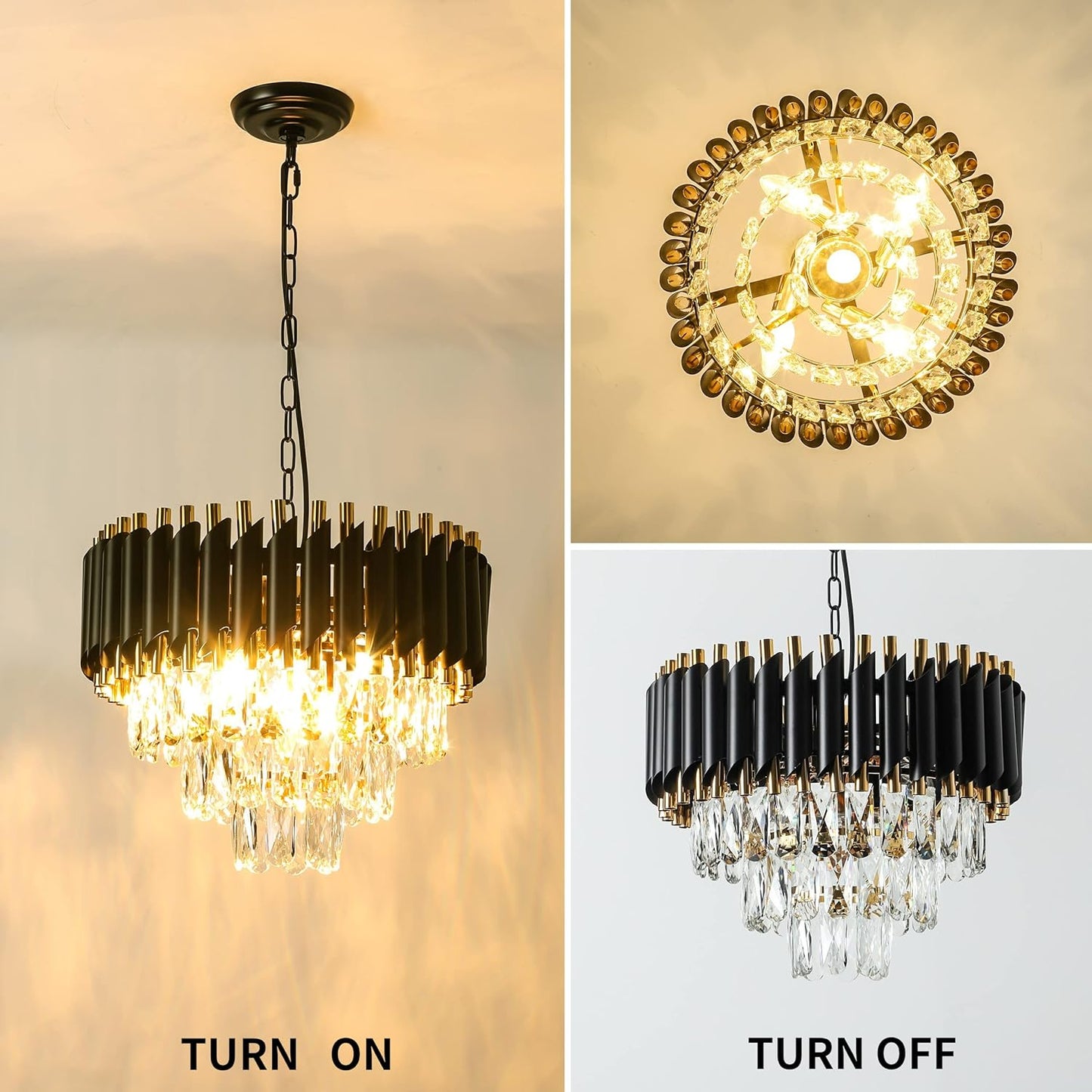 Modern Crystal Chandeliers Gold Black Crystal Chandeliers 3-Tier Round Crystal Chandelier Ceiling Light Fixture Crystal Pendant Light Fixture for Dining Room Living Room Bedroom Foyer Hallway W15.7"