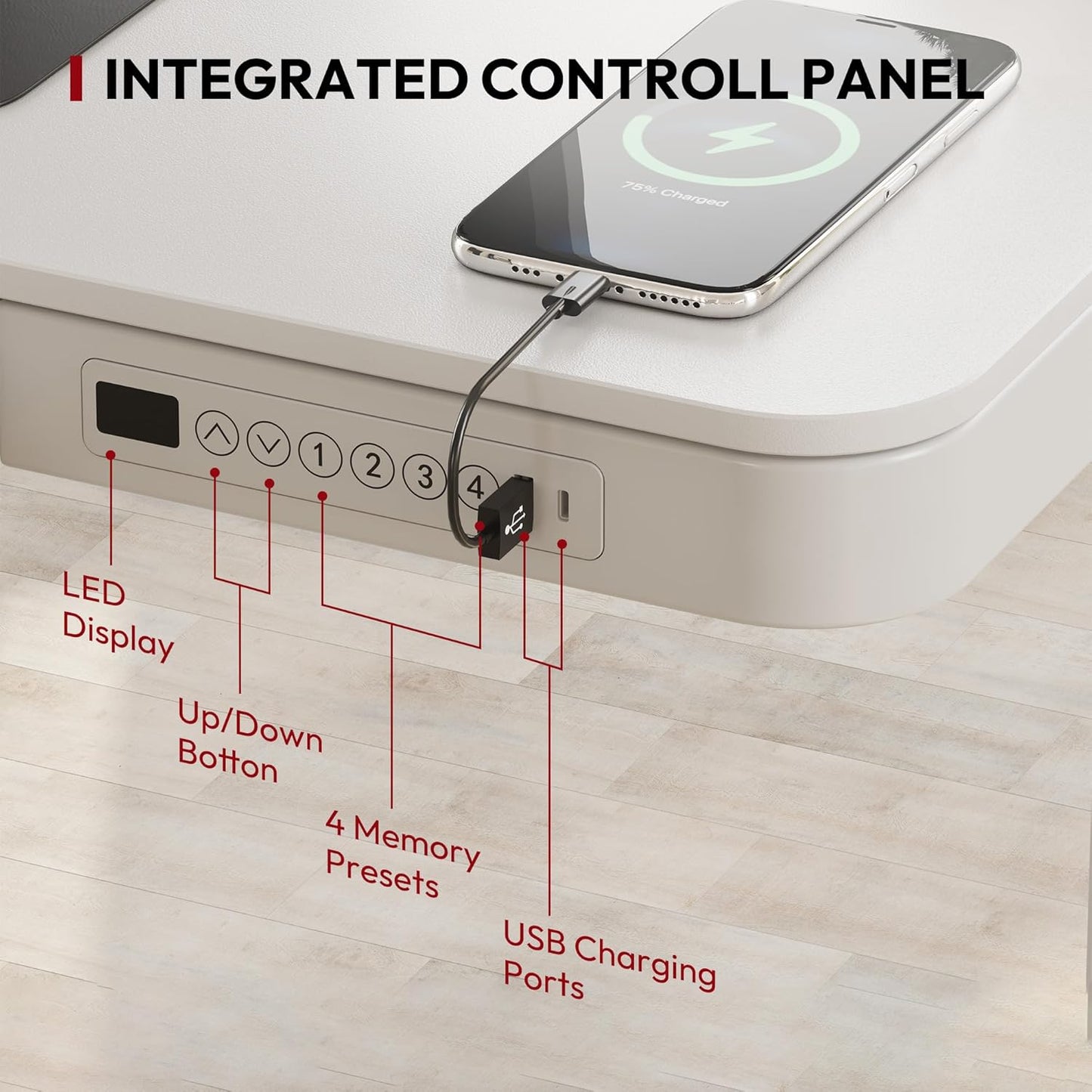 FLEXISPOT Electric Height Adjustable Standing Desk with Drawer 48 x 24 Inches Natural Desktop & Adjustable White Frame Quick Install Computer Workstation (USB Charge Ports, Memory Controller)