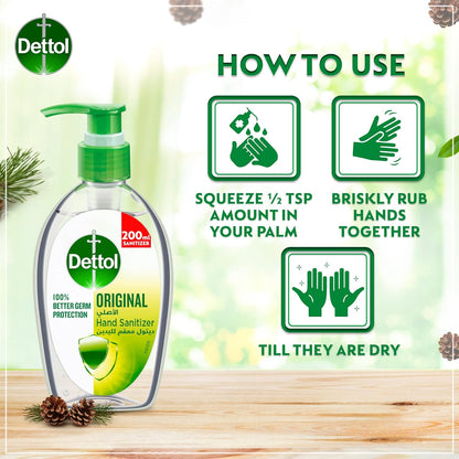 Dettol Hand Sanitizer Original for 100% Better Germ Protection & Personal Hygiene, 200ml