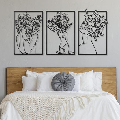 CHENGU 3 Pieces Metal Minimalist Abstract Woman Wall Art Line Drawing Wall Art Decor Single Line Female Home Hanging Wall Art Decor for Kitchen Bathroom Living Room (Black, Hand)