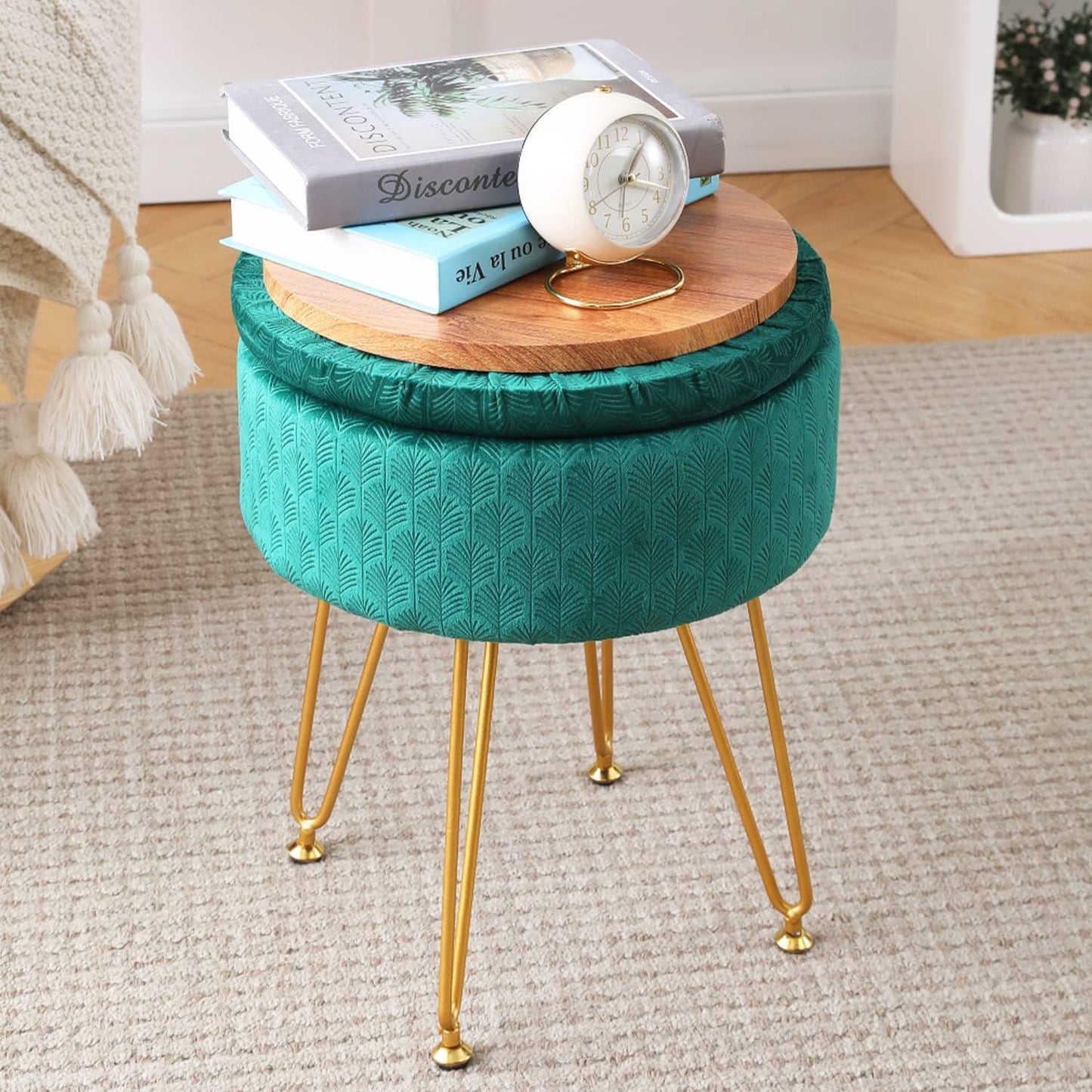 Cpintltr Footrest Footstools Round Velvet Ottoman with Storage Space Soft Vanity Chair with Memory Foam Seat Small Side Table Hallway Step Stool 4 Gold Metal Legs with Adjustable Footings Champagne