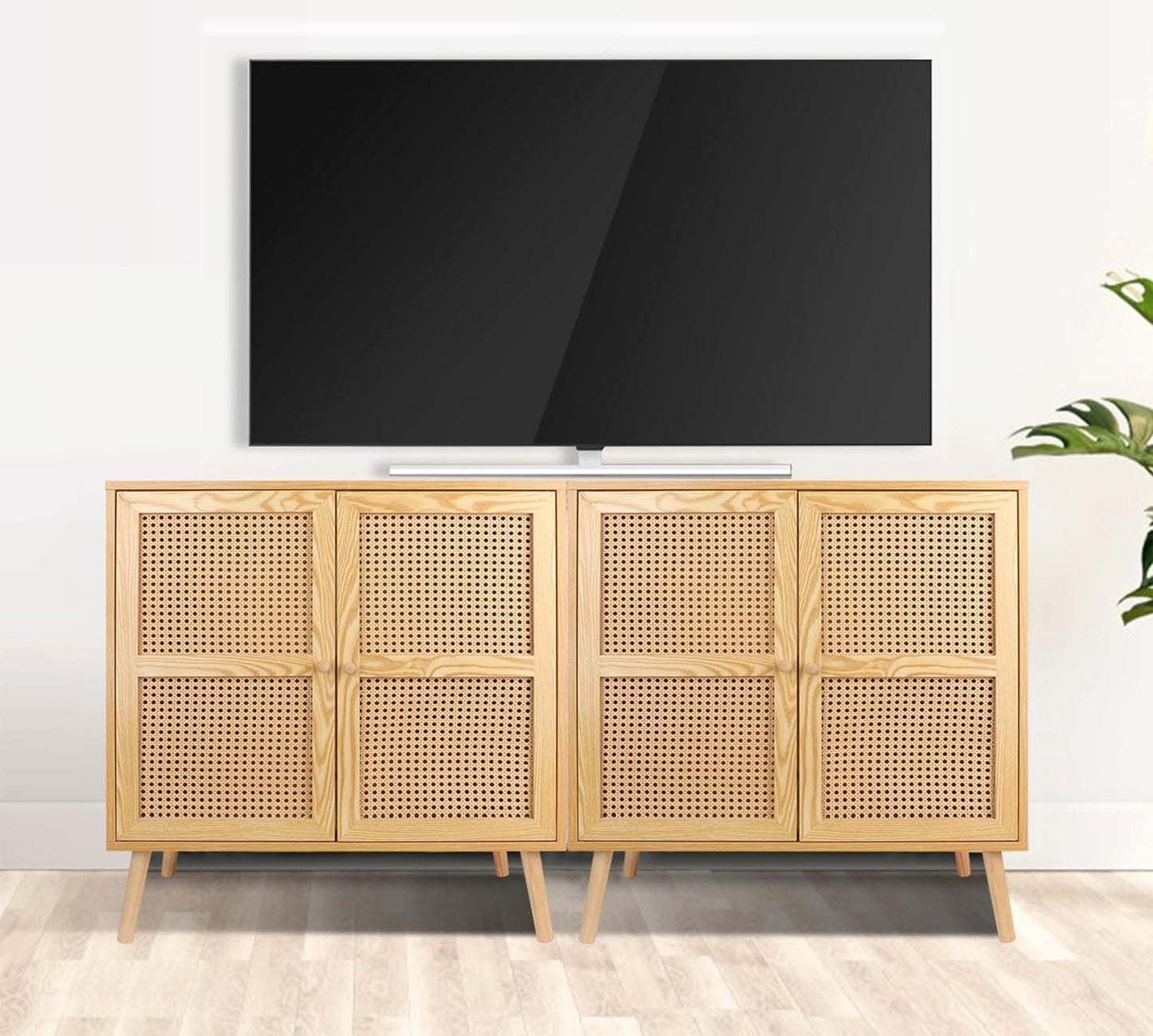 Sideboard Buffet Cabinet with Rattan Door, Accent Storage Cabinet Natural Rattan Mid Century Modern Dresser Cupboard Console Table Wood Bar Cabinet for Living Room Kitchen Pantry Dining Room Entryway