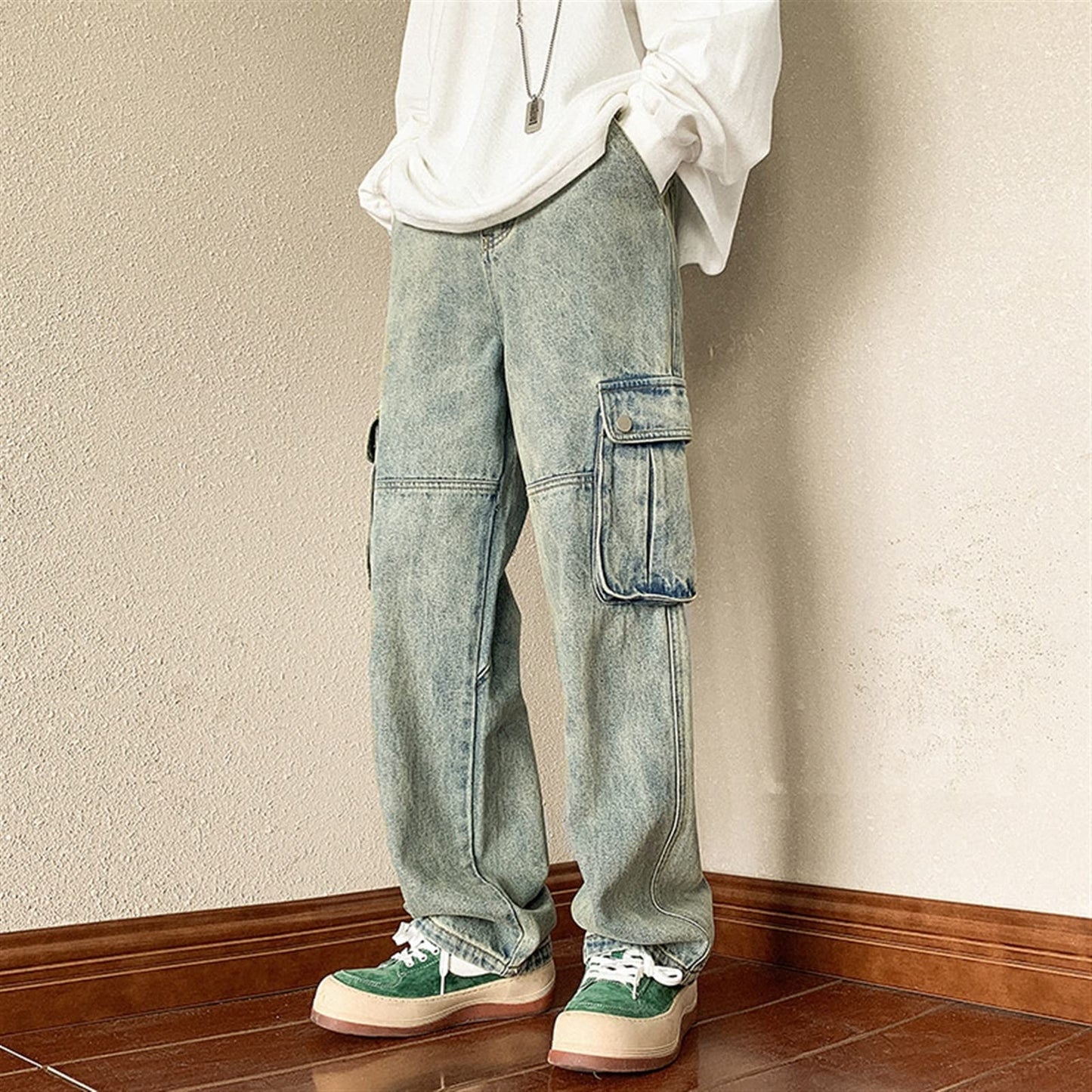 HOBTEC Menchinopants Baggy Pocket Jeans Men Casual Wide Leg Cargo Jeans Men Streetwear Loose Hip Hop Straight Denim Pants Mens Trousers (Color : Hortel�, Size : XXL)