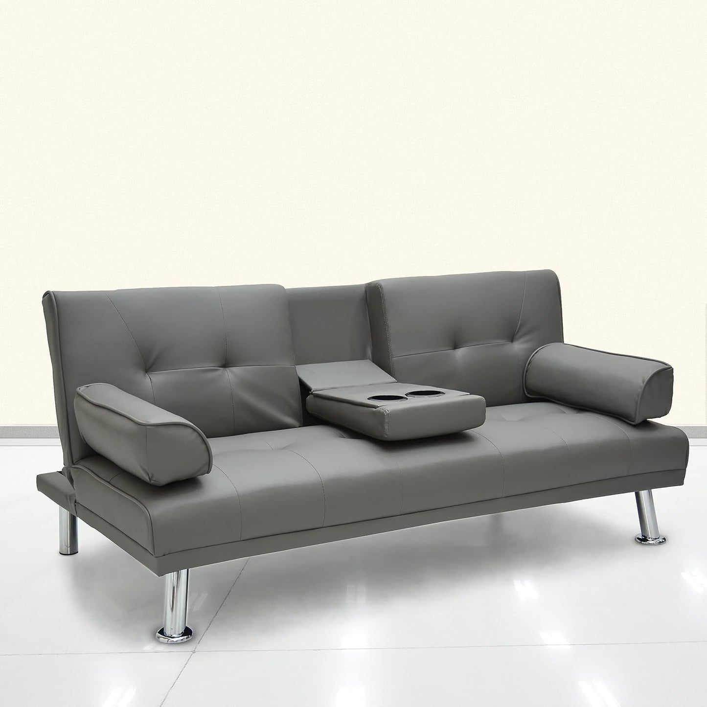 Modern Design SOFA CUM BED OR 3 Seater Sofa Soft PU leather 3-Seater Sofa,Made of finiest Pu Leather sofa cum bed is Foldable Futon Bed for Living Room – Light Grey