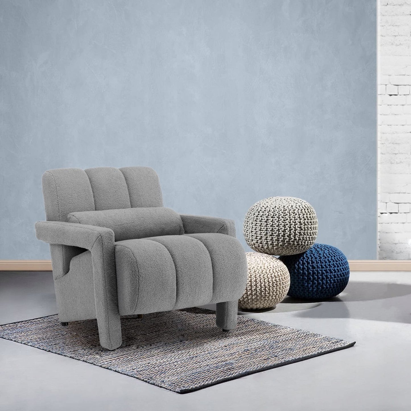 LOULENS Lambswool Accent Chair, Modern Upholstered Sherpa Accent Chair, Comfy Teddy Single Armchair with Pillow for Living Room, Bedroom (Grey, Backrest Under The Cushion)