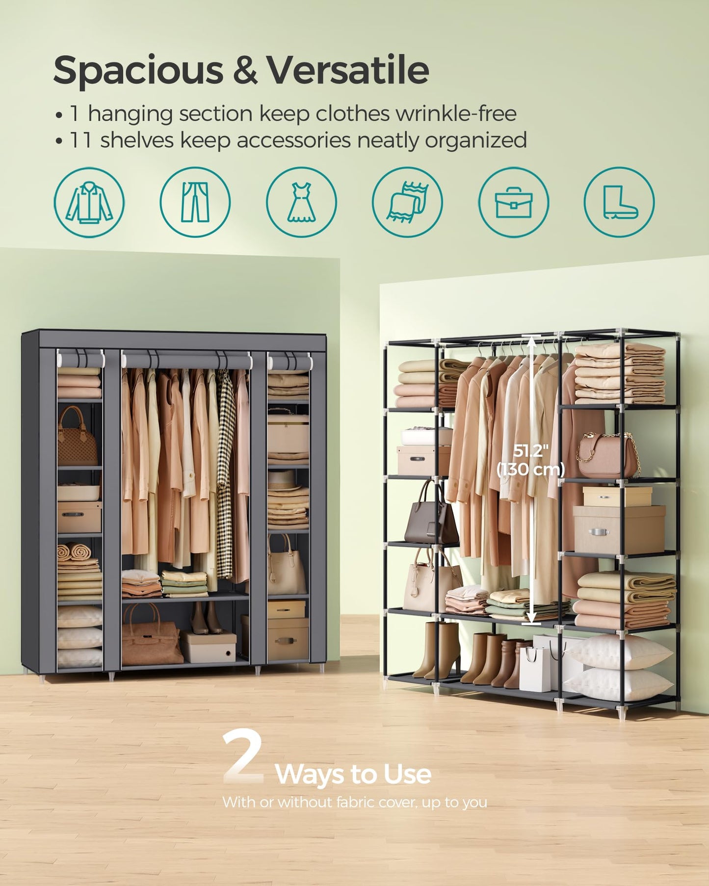 SONGMICS 59 Inch Closet Organizer Wardrobe Closet Portable Closet shelves, Closet Storage Organizer with Non-woven Fabric, Quick and Easy to Assemble, Extra Strong and Durable, Gray ULSF03G