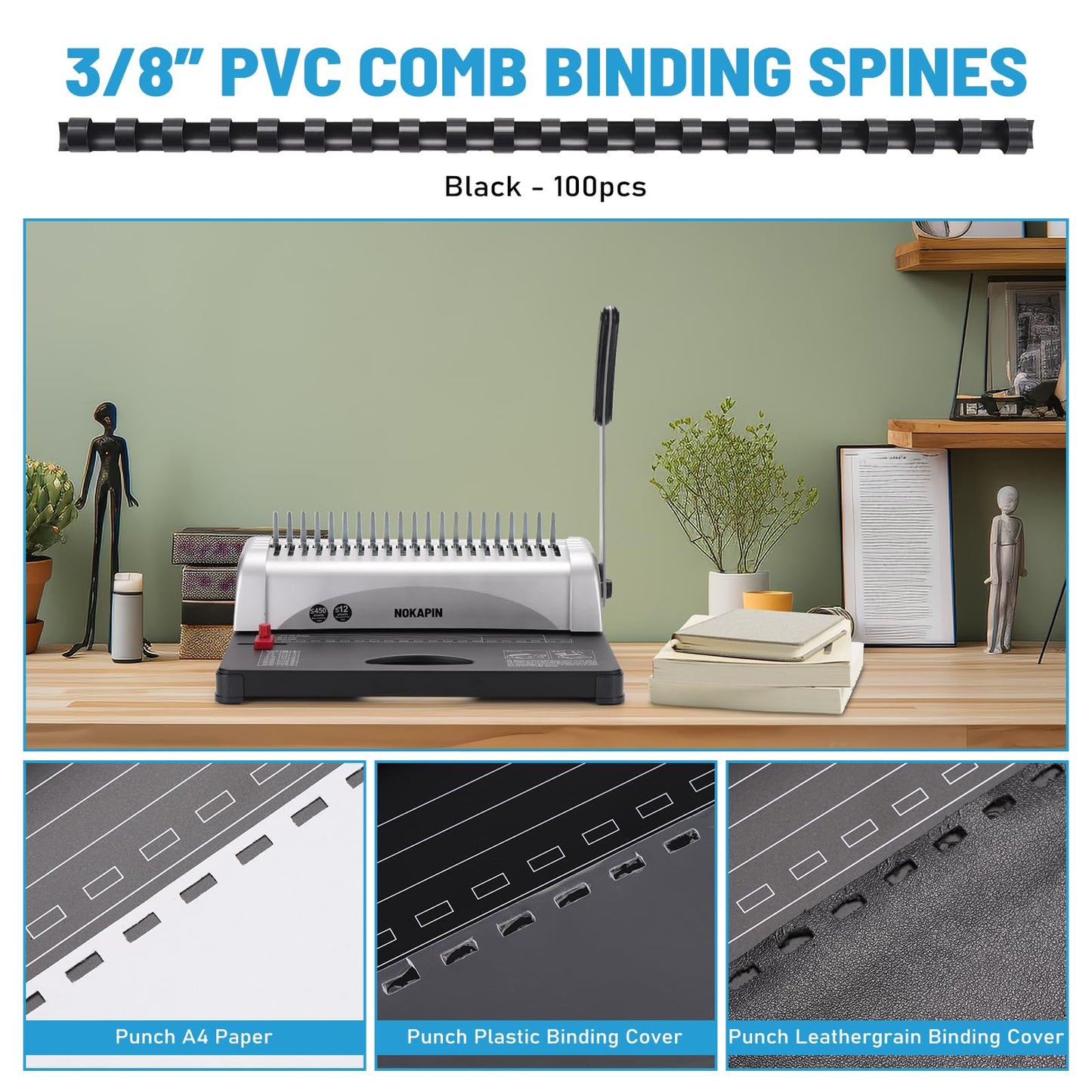 Binding Machine,Book Binder Machine 21-Holes, 450 Sheets,Comb Binding Machine with Starter Kit 100 PCS 3/8'' Comb Binding Spines,Spiral Binding Machine for Letter Size, A4, A5 or Smaller Sizes