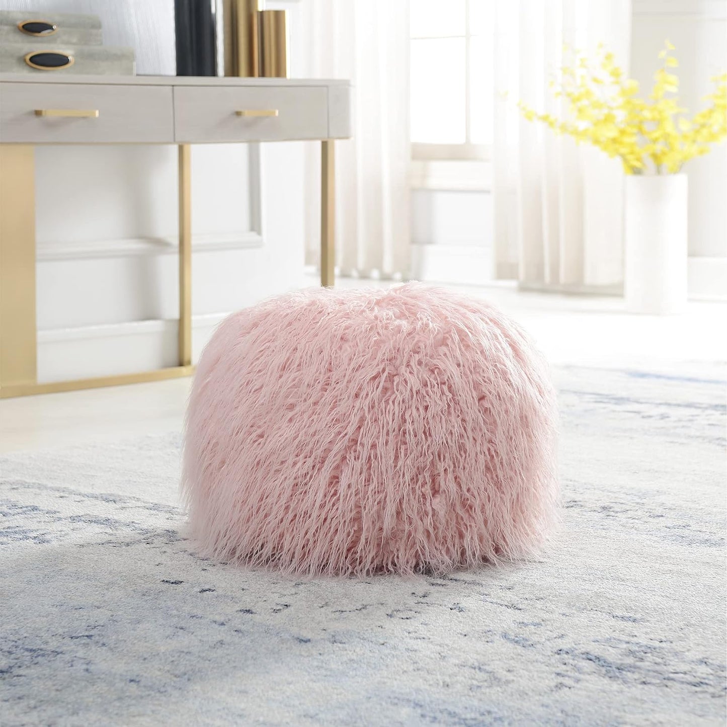 Comfortland Faux Fur Ottoman Stool (Empty & New), Fuzzy Pouf Cover, Fluffy Poof Ottomans, Furry Unstuffed Foot Rest with Storage for Living Room, Bedroom, or Gifts White