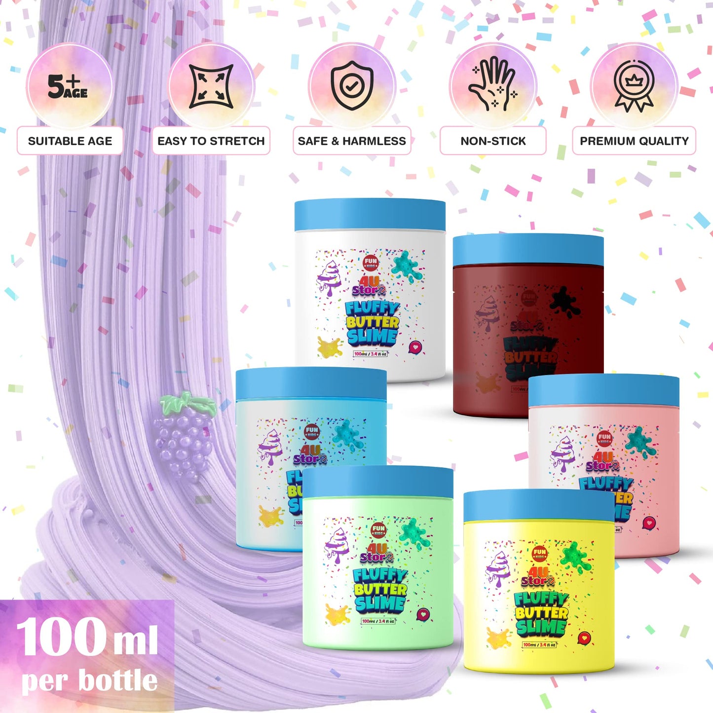 4USTORE 400ML Butter Slime Kit for Kids, Girls & Boys - Non-Sticky, Scented, Soft & Glossy to Make Your Own Cloud Slime – Stress Relief Party Favors & Great Gift Idea, 4 Bottles (100ml Per Bottle)