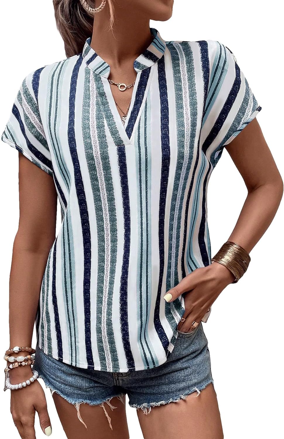 GORGLITTER Women's Striped Print Notched Neck Short Sleeve Blouse Top