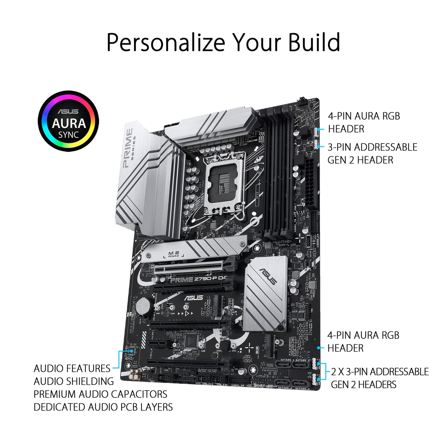 ASUS Prime Z790-P D4, an Intel Z790 LGA 1700 ATX Motherboard with PCIe 5.0, Three M.2 Slots, 14+1 DrMOS, DDR4, Realtek 2.5 Gb LAN, HDMI, DP, USB 3.2 Gen 2x2 Type-C, Front USB 3.2 Gen 2 Type-C