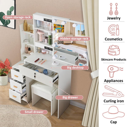 LIANWANG Dressing Table with LED Lighting, 3 Colour Temperatures, Adjustable Brightness, Dressing Table with Mirror for Make-Up, 6 Drawers, 1 Stool, 131 x 80 x 36 cm, White