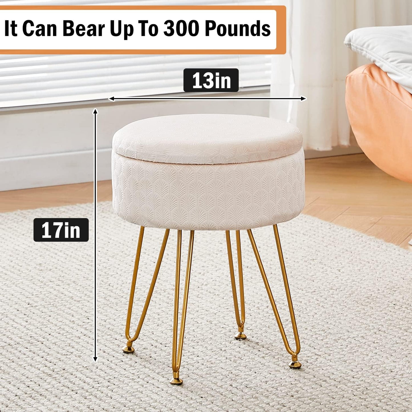 Cpintltr Footrest Footstools Round Velvet Ottoman with Storage Space Soft Vanity Chair with Memory Foam Seat Small Side Table Hallway Step Stool 4 Gold Metal Legs with Adjustable Footings Champagne