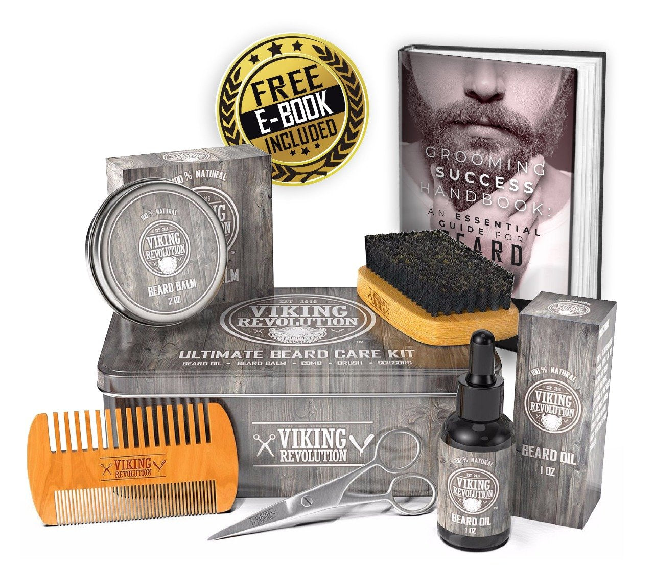 Viking Revolution Beard Grooming Kit for Men- Ultimate Beard Kit Includes 100% Boar Beard Brush, Beard Comb, Citrus Beard Balm, Unscented Beard Oil, Beard & Mustache Scissors