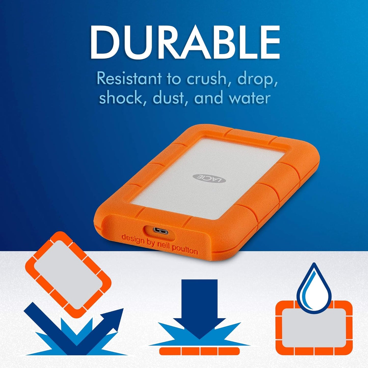 LaCie Rugged USB-C, 2TB, Portable External Hard Drive, Drop, Shock, Dust, Rain Resistant, for Mac & PC (STFR2000800)