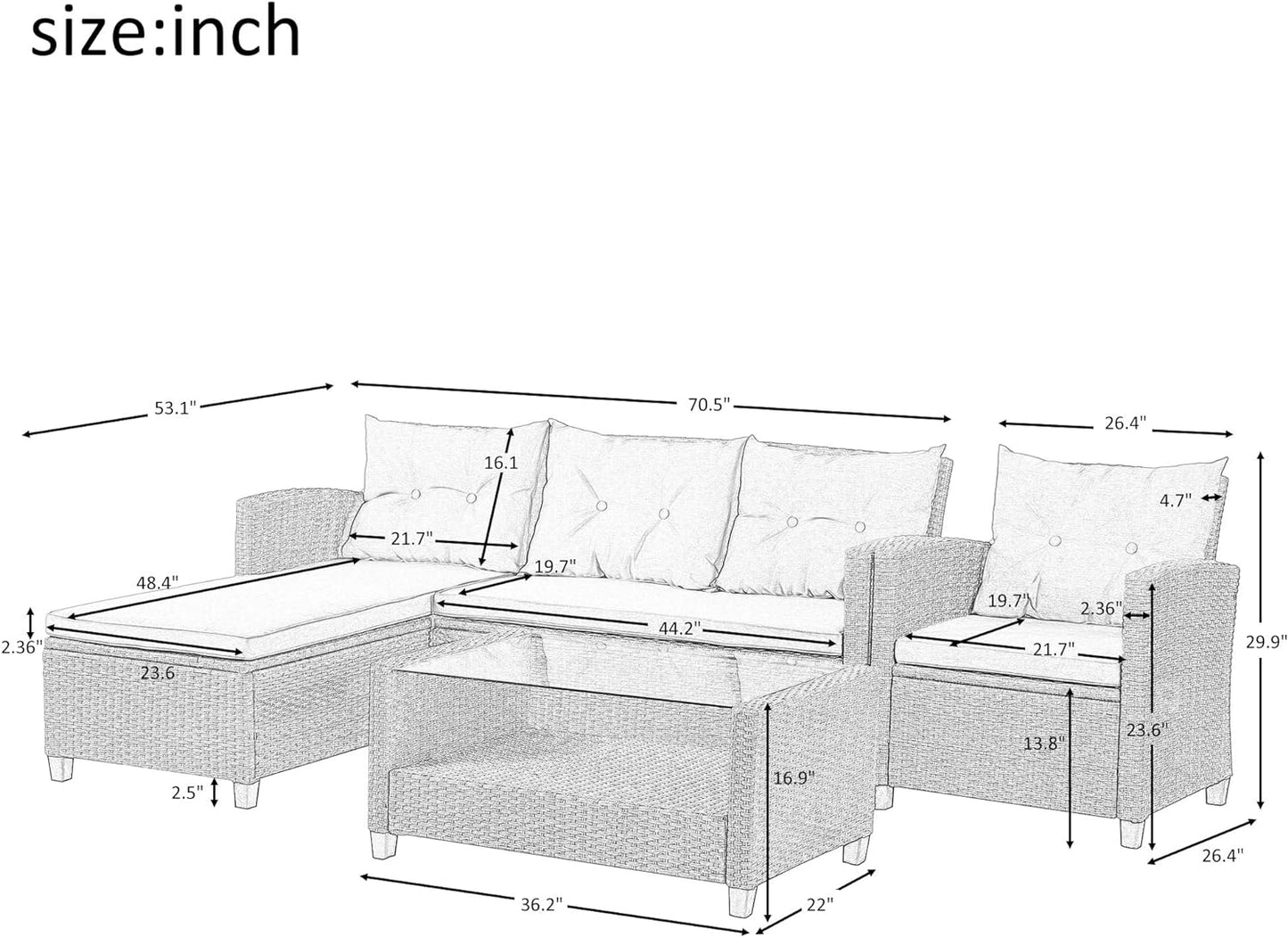 Morhome 5 Pieces Patio Furniture Sets All Weather Wicker Rattan Sectional Sofa Outdoor Conversation with Adustable Backrest, Cushions, Ottomans and Lift Top Coffee Table for Poolside, Garden, Backyard