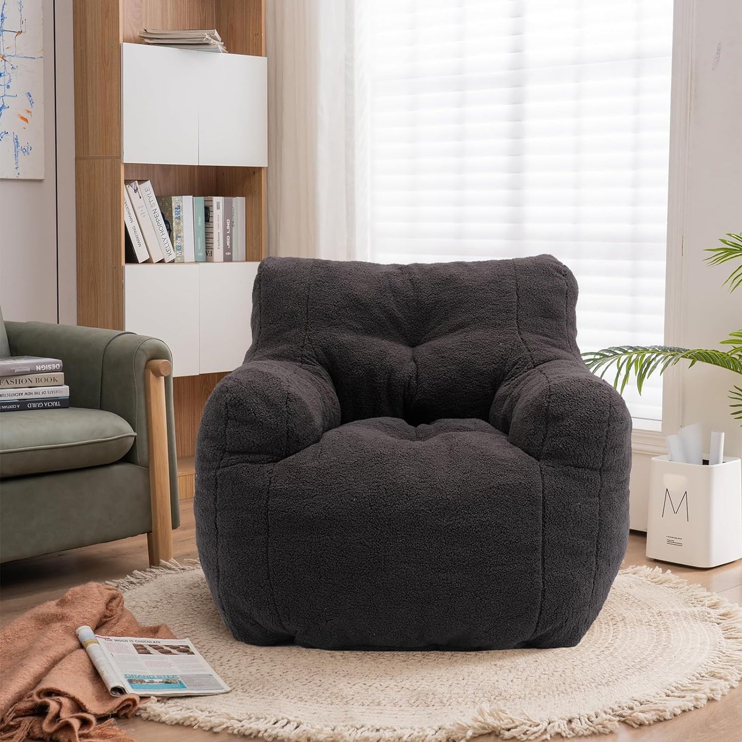 Recaceik Bean Bag Chairs, Tufted Soft Stuffed Bean Bag Chair with Filler, Fluffy Lazy Sofa, Imperial Lounger Giant Bean Bag Chair for Bedroom, Living Room, Dark Black