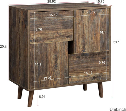 IULULU Sideboard Buffet Cabinet with Two Doors and Four Storage Spaces Cupboard Console Table for Living, Dining Room, Hallway, Kitchen, 29.92 x 15.75 x 31.1 inch, Rustic Brown