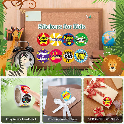 IBAMA 1000Pcs Reward Stickers for Teachers Incentive Stickers Supplies for Classroom Motivational Stickers Classwork Award Stickers Kids School Training Encouraging Round Cartoon Words Design-2 Roll