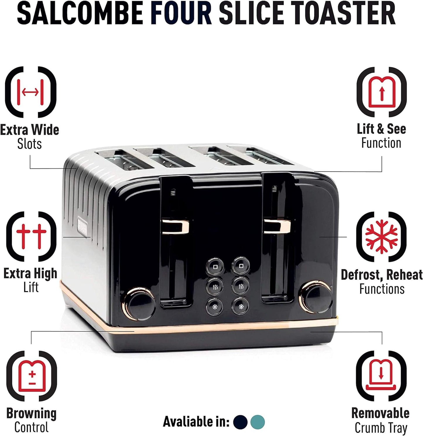 Haden Salcombe Black Toaster 4 Slice - Retro Design with Wide Slots - Easy To Clean Black Toaster - Stainless Steel Housing - Self Centring Function - 2300W