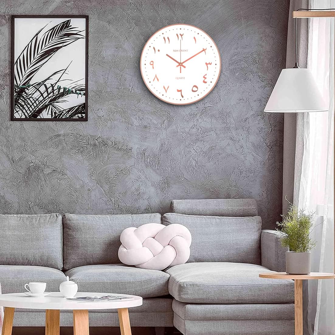 R&M ORIENT 30cm Arabic Wall Clock Round with creeping hands without ticking noise, silent quartz movement, easy to read, large wall clock for living room, office, kitchen, restaurant (Silver/Black)