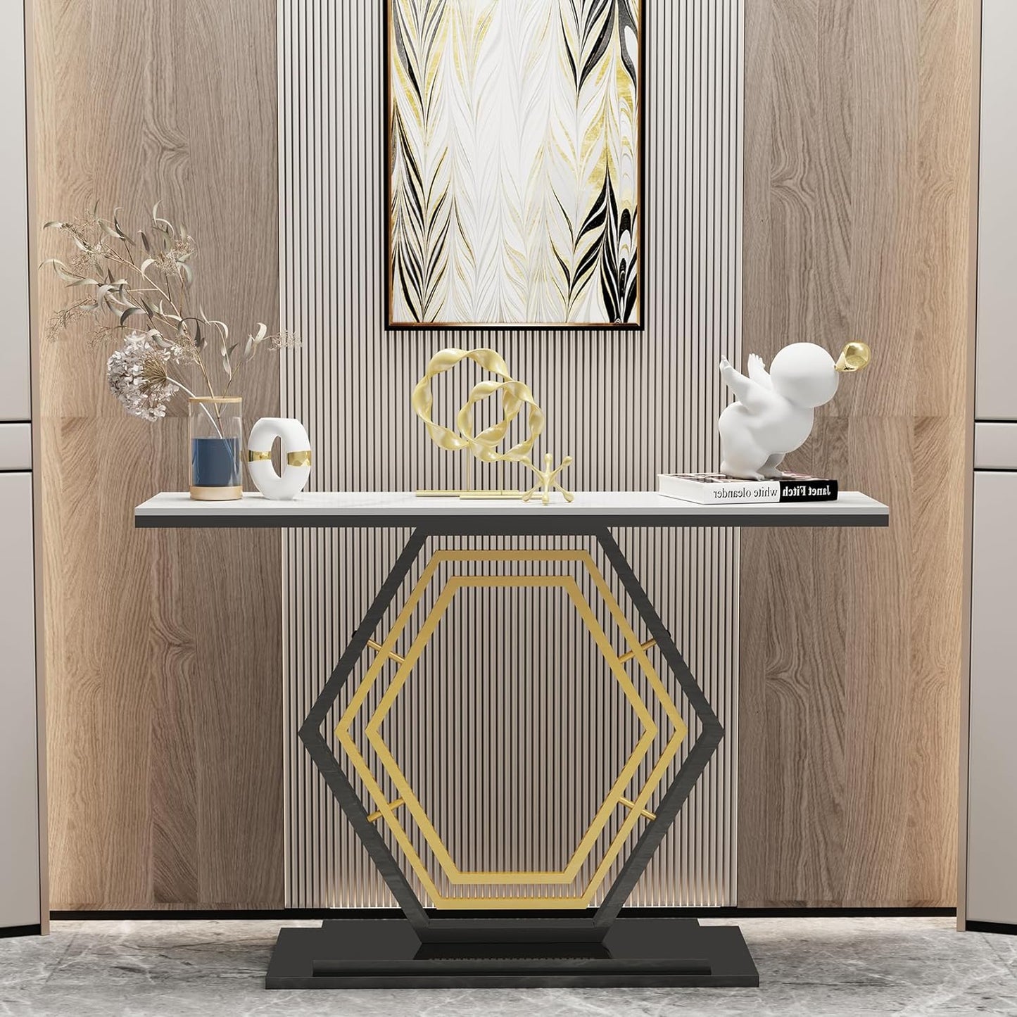 Wisfor Marble Console Table Hallway: 120x30 CM White Sintered Stone Entryway Console Table with Black and Gold Hexagon Pedestal Narrow Accent Desk for Foyer, Living Room, Sofa