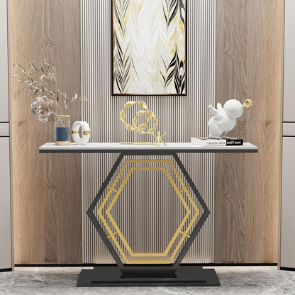 Wisfor Marble Console Table Hallway: 120x30 CM White Sintered Stone Entryway Console Table with Black and Gold Hexagon Pedestal Narrow Accent Desk for Foyer, Living Room, Sofa