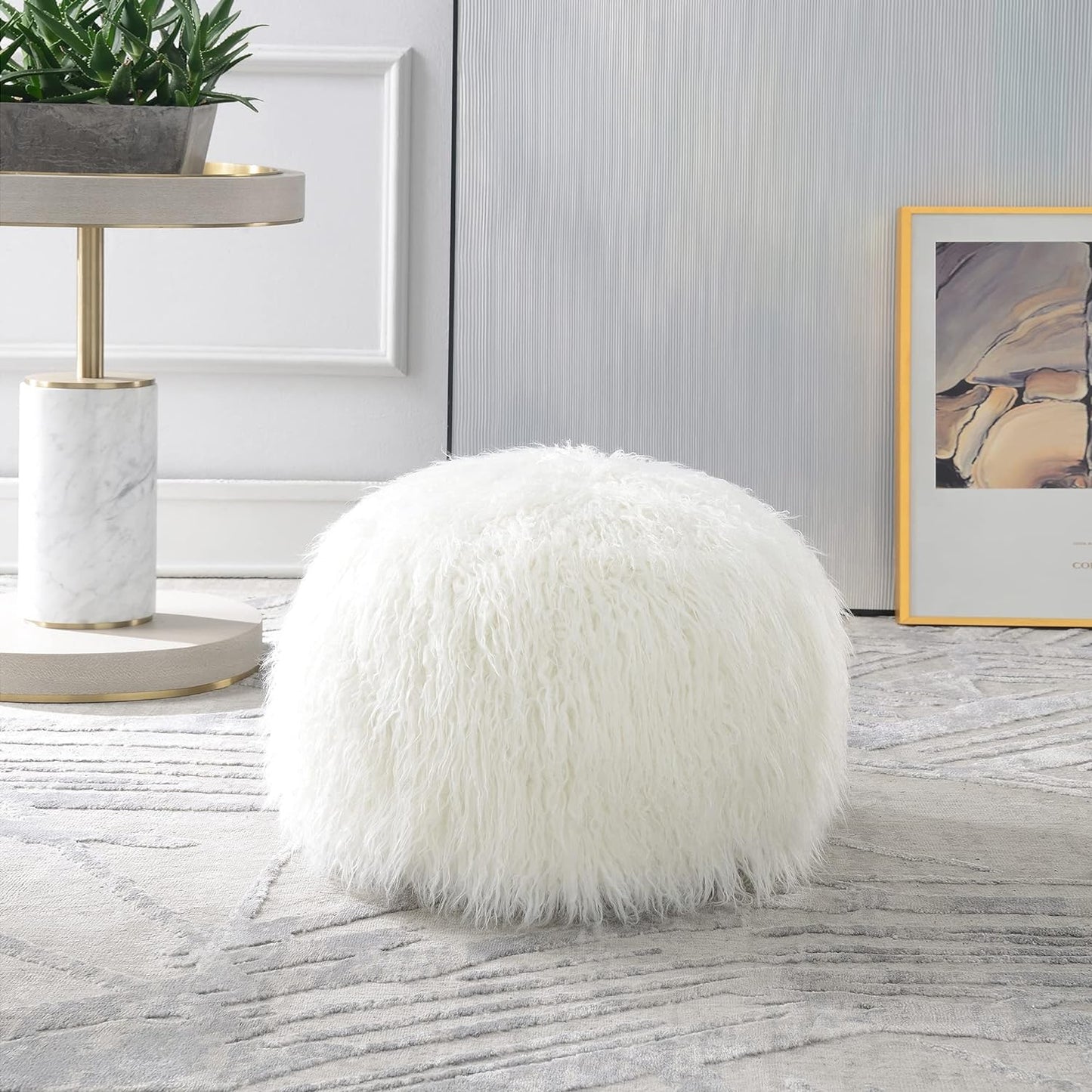 Comfortland Faux Fur Ottoman Stool (Empty & New), Fuzzy Pouf Cover, Fluffy Poof Ottomans, Furry Unstuffed Foot Rest with Storage for Living Room, Bedroom, or Gifts White