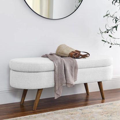 IAFIKE Oval Storage Bench 43.5" Linen Fabric Upholstered Ottoman Indoor Bench with Solid Wood Legs for Living Room/Bedroom/End of Bed/Entryway/Bed Side (White)