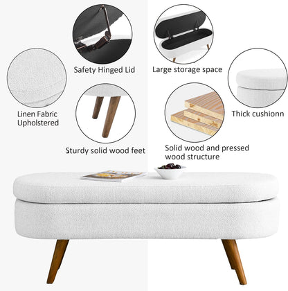 IAFIKE Oval Storage Bench 43.5" Linen Fabric Upholstered Ottoman Indoor Bench with Solid Wood Legs for Living Room/Bedroom/End of Bed/Entryway/Bed Side (White)