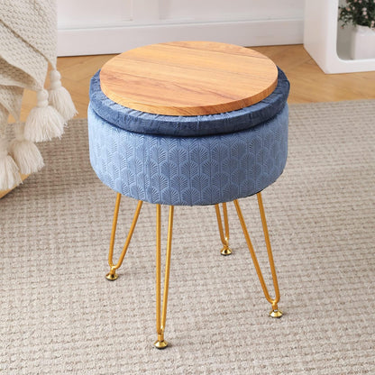 Cpintltr Footrest Footstools Round Velvet Ottoman with Storage Space Soft Vanity Chair with Memory Foam Seat Small Side Table Hallway Step Stool 4 Gold Metal Legs with Adjustable Footings Champagne