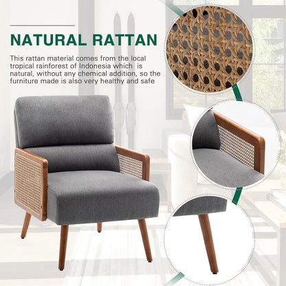 ALISH Rattan Accent Chairs,Upholstered Accent Chairs Armchair Mid Century Modern Living Room Chair with Rattan Armrest and Wooden Legs (Gray, Set of 1)