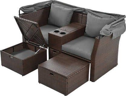 Morhome 5 Pieces Patio Furniture Sets All Weather Wicker Rattan Sectional Sofa Outdoor Conversation with Adustable Backrest, Cushions, Ottomans and Lift Top Coffee Table for Poolside, Garden, Backyard