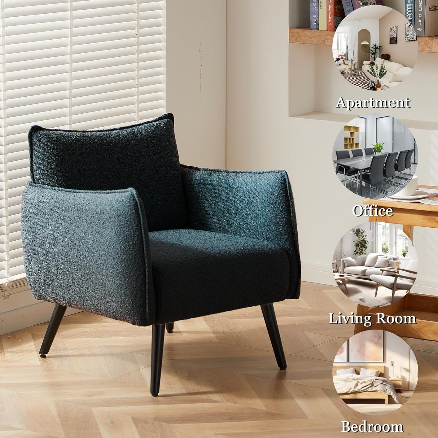 Kisapval Comfy Oversize Accent Chair Soft Terry Fabric Armchair with Wood Legs Upholstered Living Room Chair Modern Reading Arm Chair Sofa Chair for Small Space Apartment Bedroom(Dark Blue)