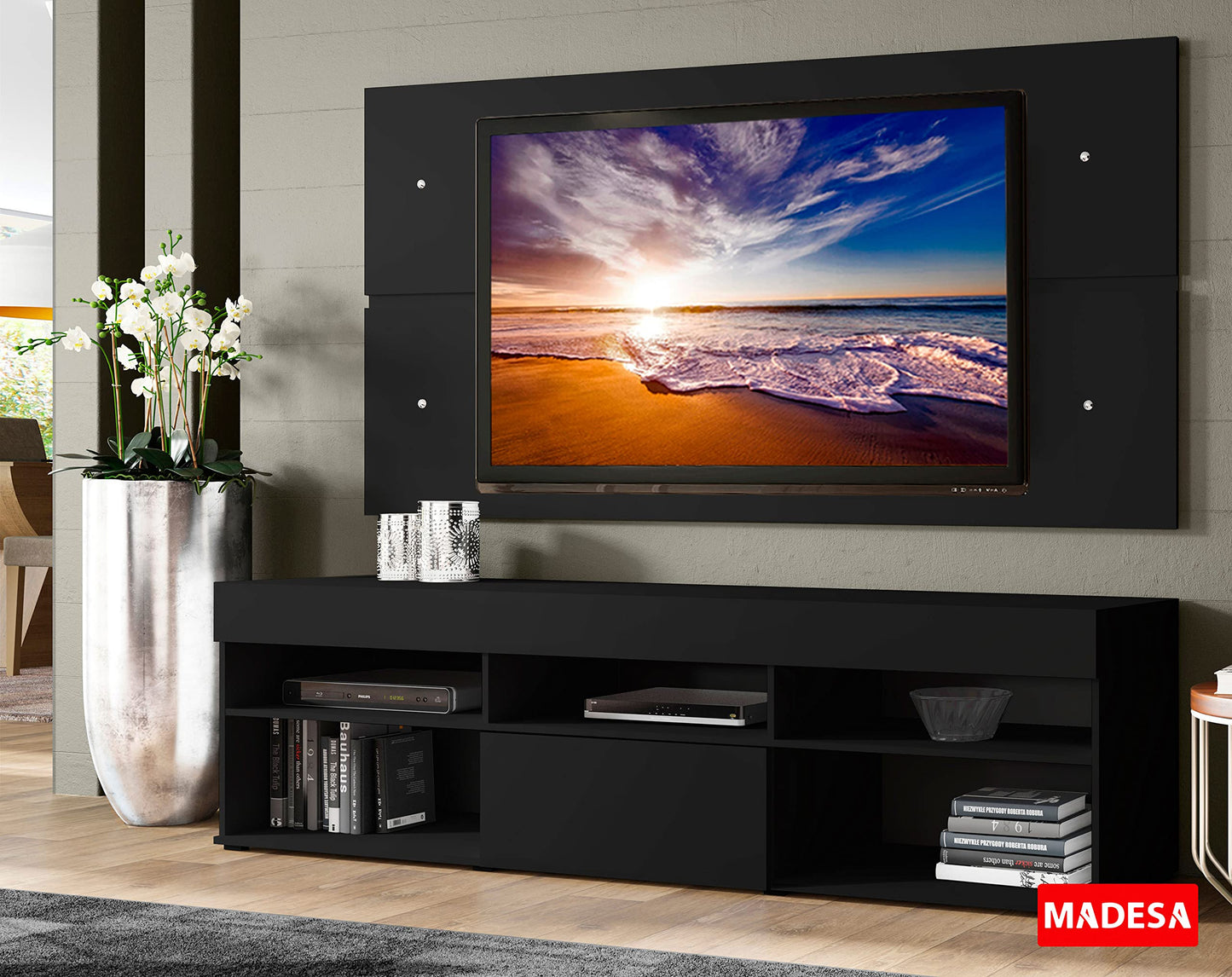 MADESA TV Stand with panel, for TVs up to 65 Inches, Wood, 180 x 157 x 40 Cm – Black