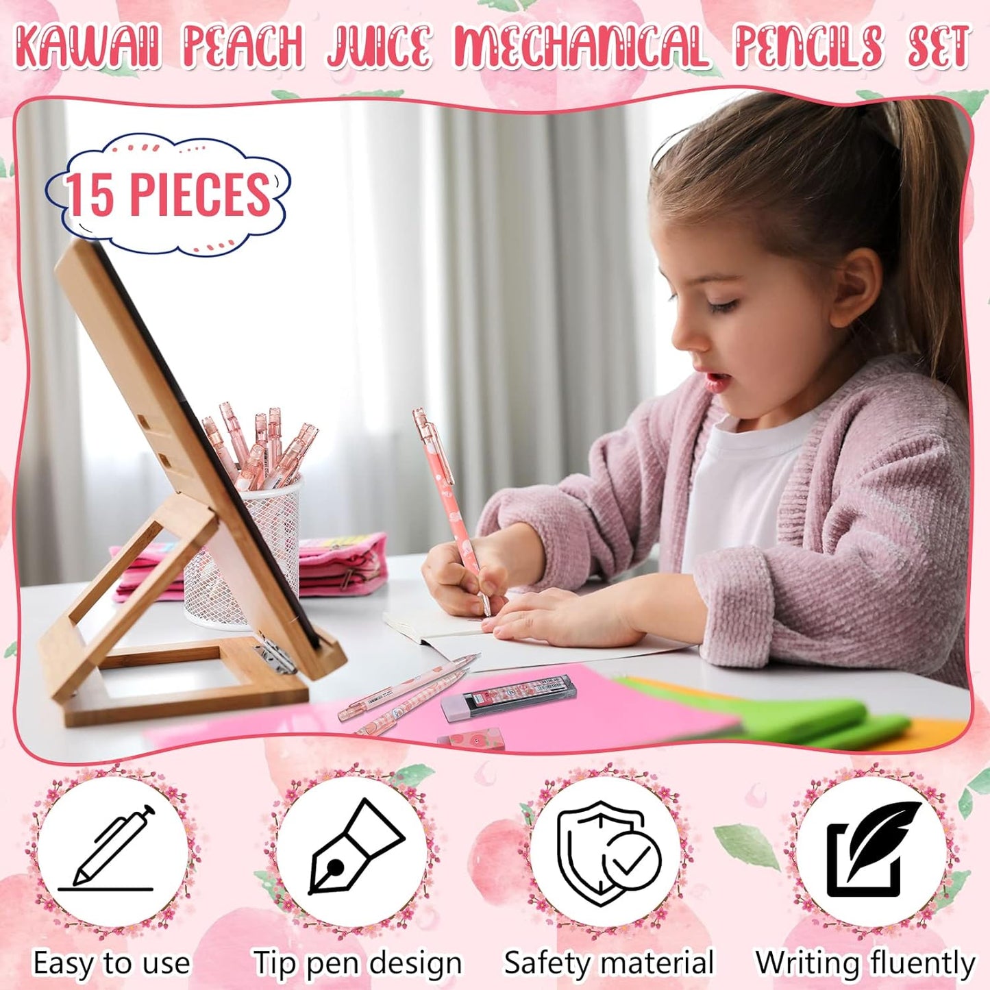 Sabary Kawaii Mechanical Pencil Set Include Peach Mechanical Pencils with Tubes 0.5 mm Pencil Refills and Cute Juice Peach Erasers School Supplies for Sketching Architecture Drawing (15 Pcs)