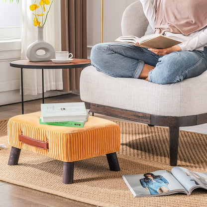 Small foot stool ottoman, Beige PU leather rectangle ottoman footrest, bedside step stool with wood legs, small Rectangular stool, foot rest for couch, small ottoman for desk, living room, bedroom