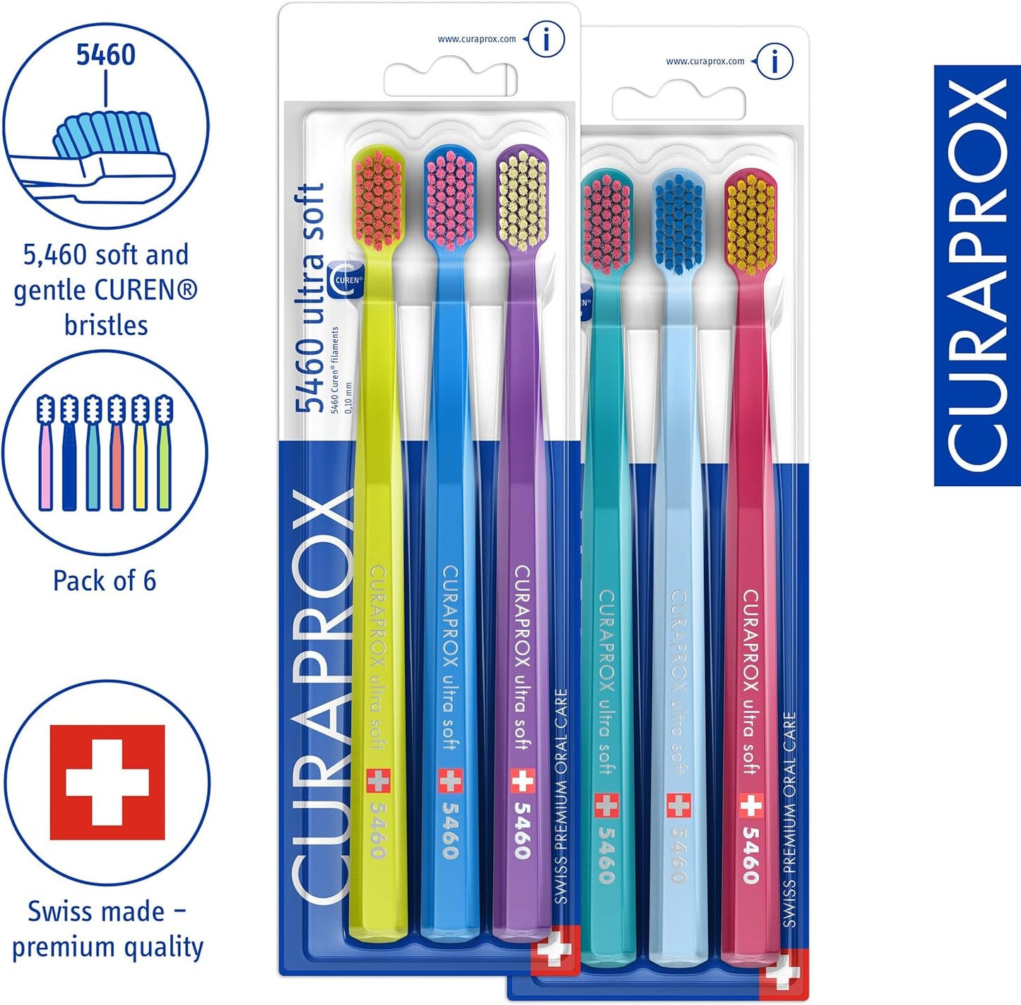 Curaprox Toothbrush CS 5460 Ultra-Soft, 3 Pack - Ultra Soft Toothbrush for adults with 5460 CUREN Bristles - Curaprox Manual Toothbrush