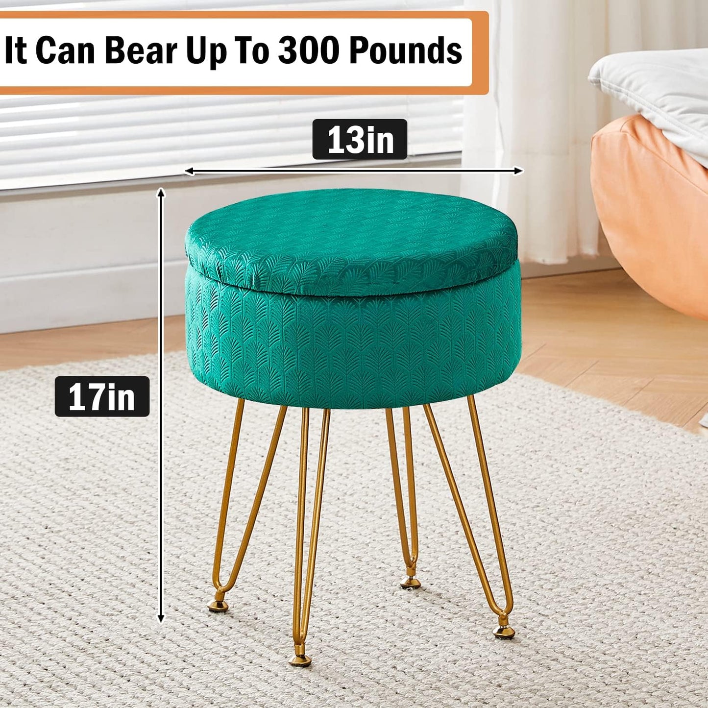 Cpintltr Footrest Footstools Round Velvet Ottoman with Storage Space Soft Vanity Chair with Memory Foam Seat Small Side Table Hallway Step Stool 4 Gold Metal Legs with Adjustable Footings Champagne