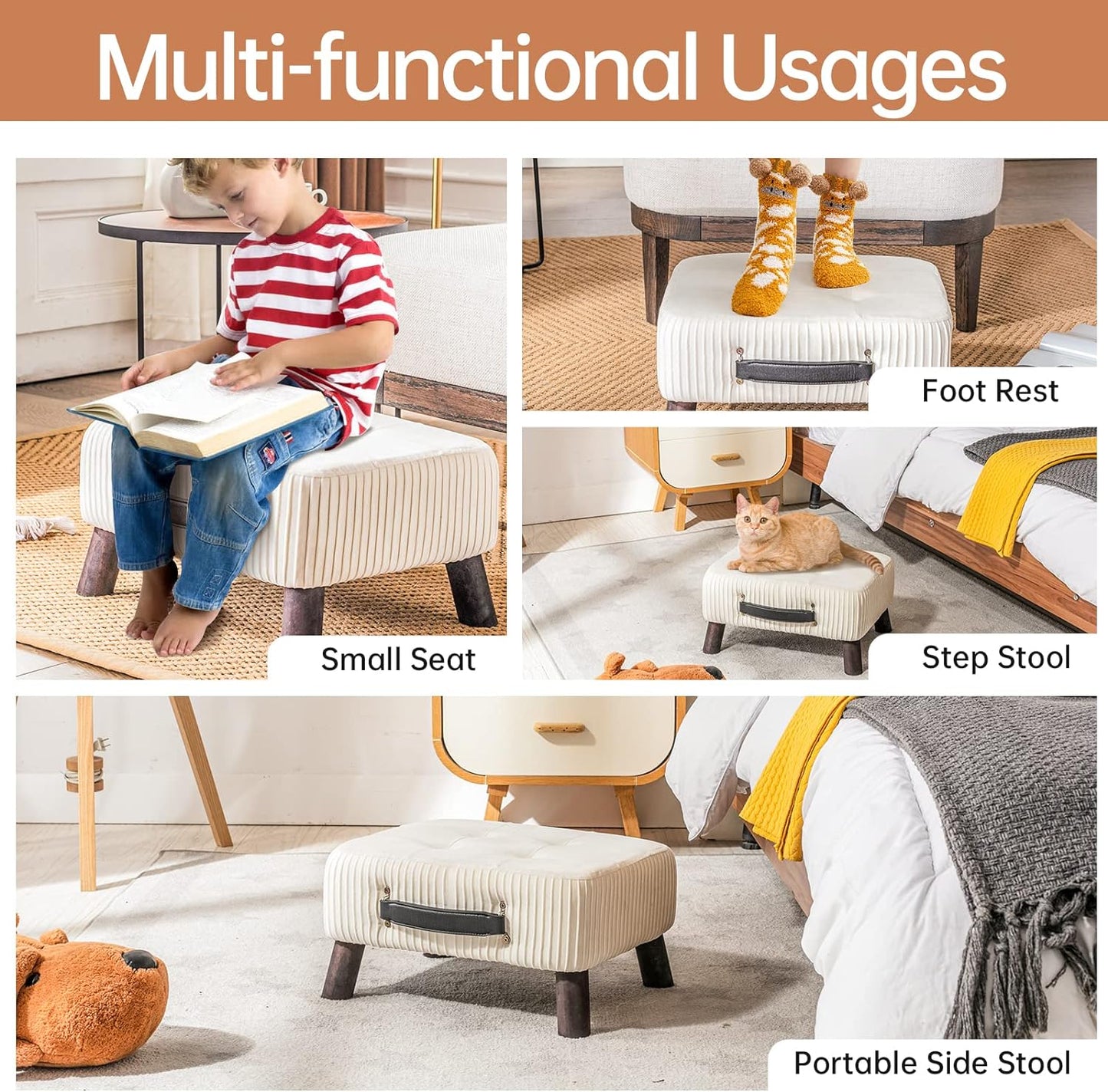 Small foot stool ottoman, Beige PU leather rectangle ottoman footrest, bedside step stool with wood legs, small Rectangular stool, foot rest for couch, small ottoman for desk, living room, bedroom