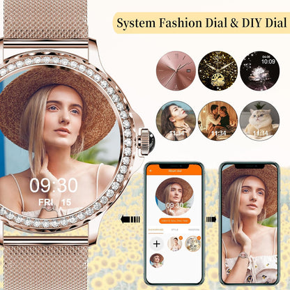 Efolen Smart Watches for Women with Diamonds (Answer/Make Call), 1.3'' Bluetooth Smartwatch for Android iOS, Waterproof Fitness Watch with Heart Rate/SpO2/Sleep/BP/AI Voice (Rose Gold)