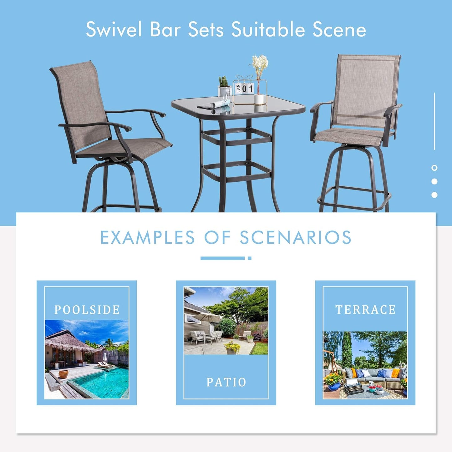 Shintenchi 3 Pieces Patio Swivel Bar Set, All Weather Textile Fabric Outdoor High Bar Stool Bistro Set with 2 Bar Chairs and Glass Table for Home, Backyard, Garden, Lawn, Porch (Brown)