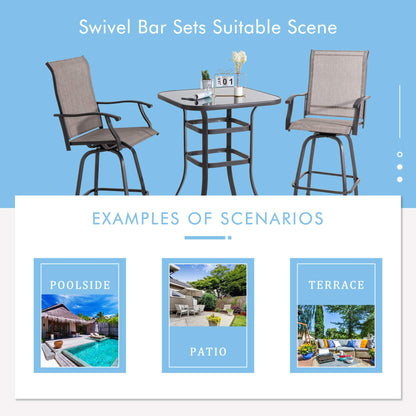 Shintenchi 3 Pieces Patio Swivel Bar Set, All Weather Textile Fabric Outdoor High Bar Stool Bistro Set with 2 Bar Chairs and Glass Table for Home, Backyard, Garden, Lawn, Porch (Brown)