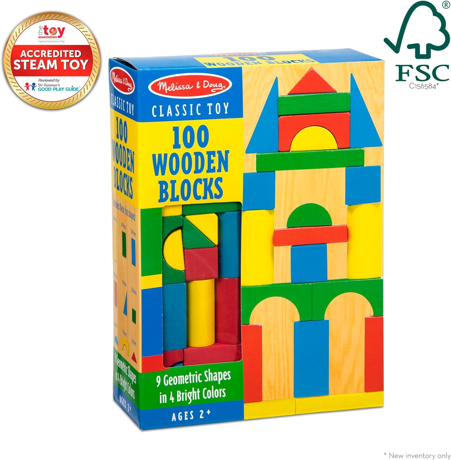 Melissa & Doug Wooden Building Blocks Set - 100 In 4 Colors And 9 Shapes