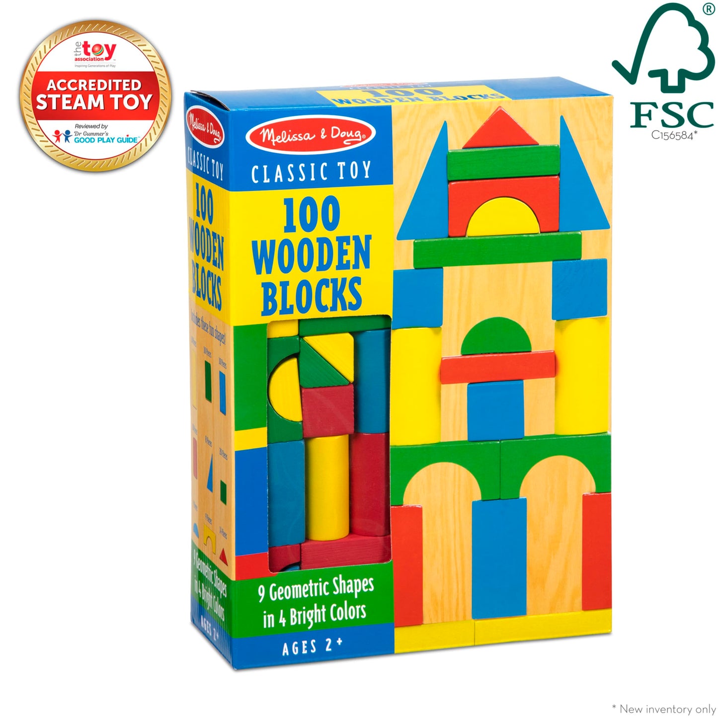 Melissa & Doug Wooden Building Blocks Set - 100 In 4 Colors And 9 Shapes