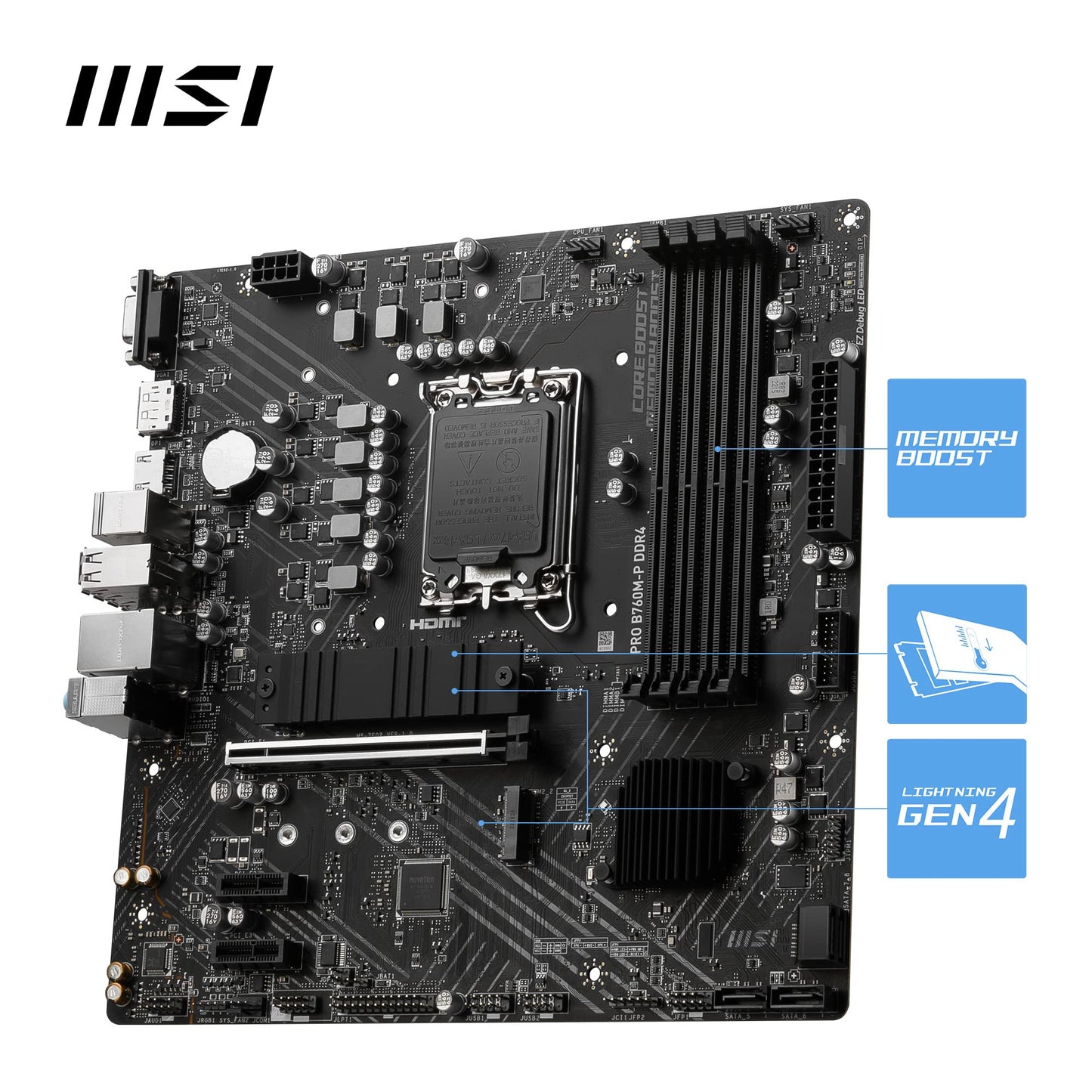 MSI PRO B760-P WIFI DDR4 Motherboard, ATX - Supports Intel 12th & 13th Gen Core Processors, LGA 1700 - DDR4 Memory Boost 5333+MHz/OC, PCIe 4.0 x16 Slots, M.2 Gen4 Slots, 2.5G LAN, Wi-Fi 6E