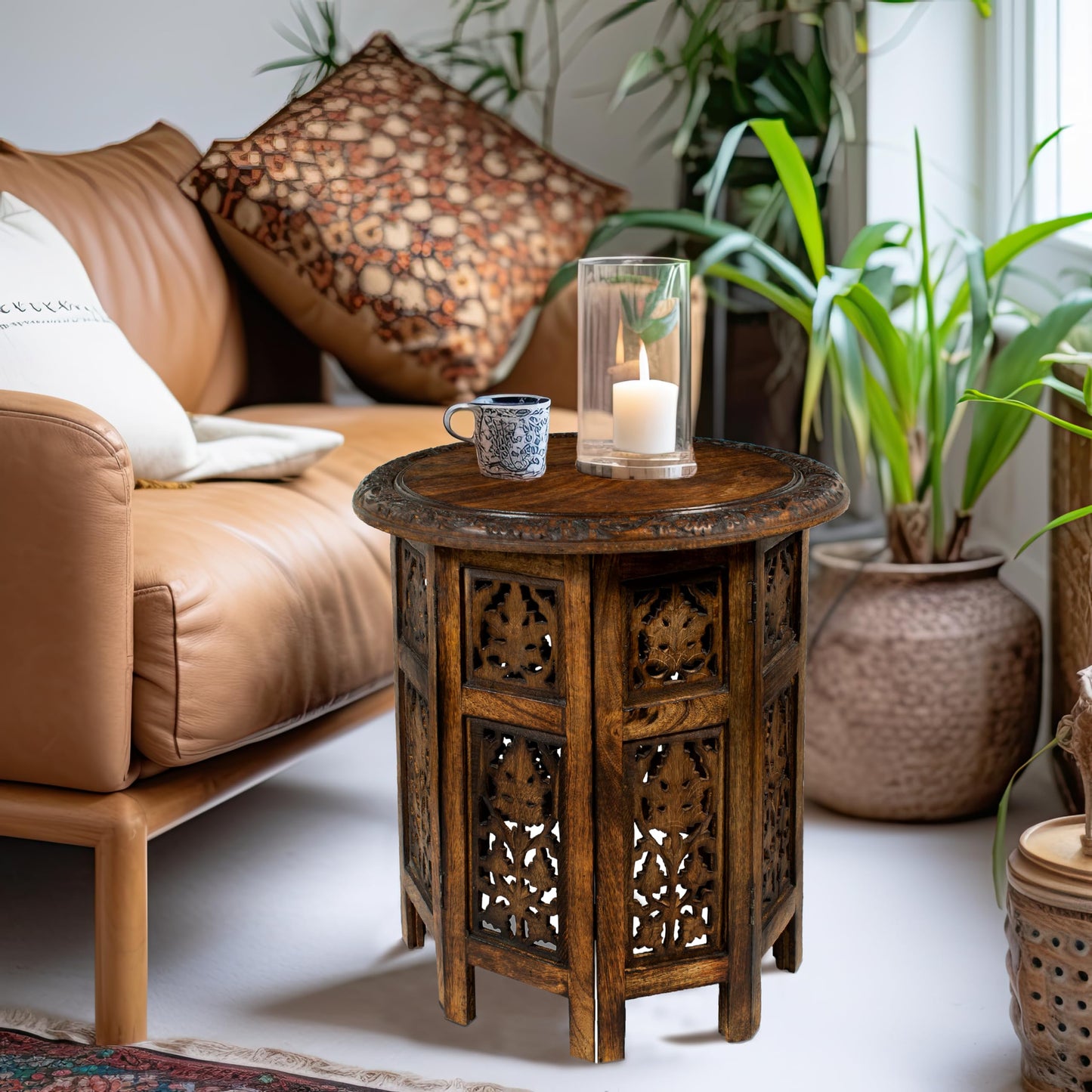 COTTON CRAFT Solid Wood Accent End Table - Hand Carved Vintage Boho Folding Side Table - Small Spaces Entryway Farmhouse Living Room Bedside - No Tools Assembly -18x18 Round - Jaipur Antique Brown