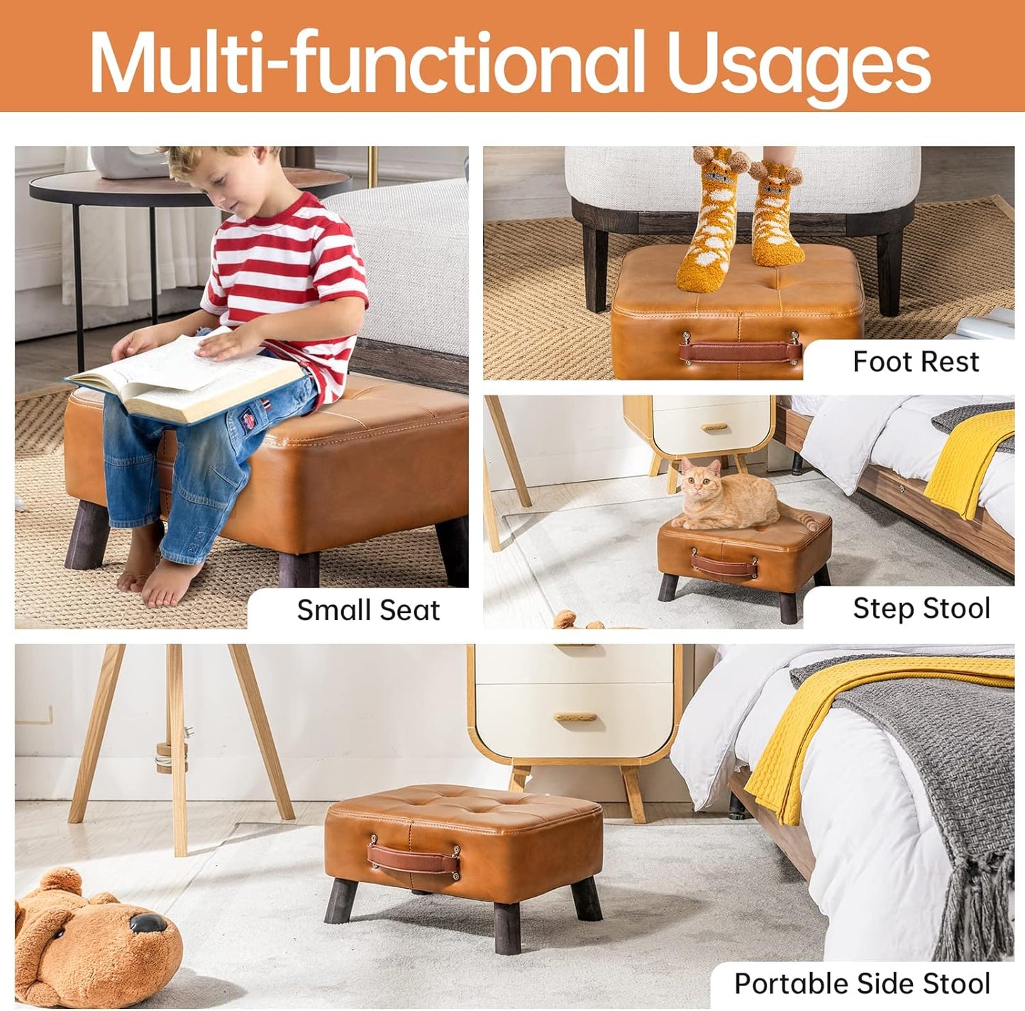 Small foot stool ottoman, Beige PU leather rectangle ottoman footrest, bedside step stool with wood legs, small Rectangular stool, foot rest for couch, small ottoman for desk, living room, bedroom